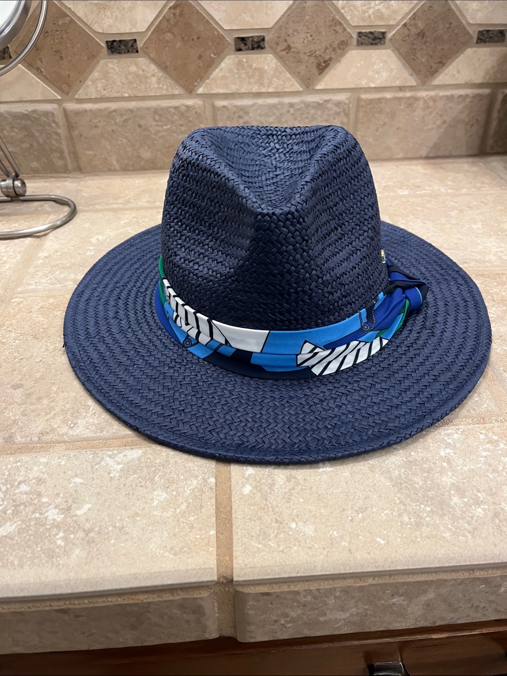 Ralph Lauren Navy Straw Fedora with Blue Accent Scarf OS